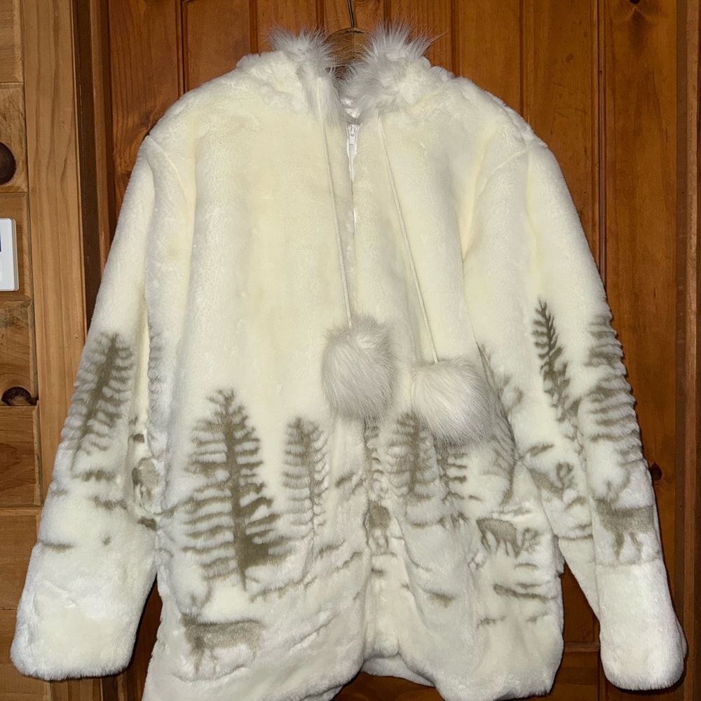 Vintage Ameri Mode Cozy Faux Fur Jacket with Forest/Deer Design